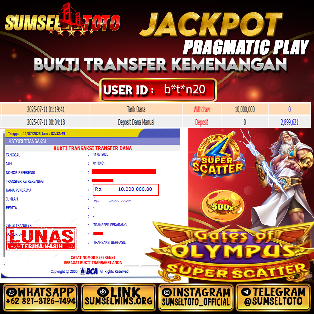 SUMSELTOTO JACKPOT GATES OF OLYMPUS SUPER SCATER Rp.10,000,000.,- LUNAS